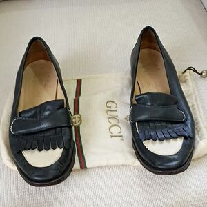 Gucci Black Leather Fringe Penny Loafers